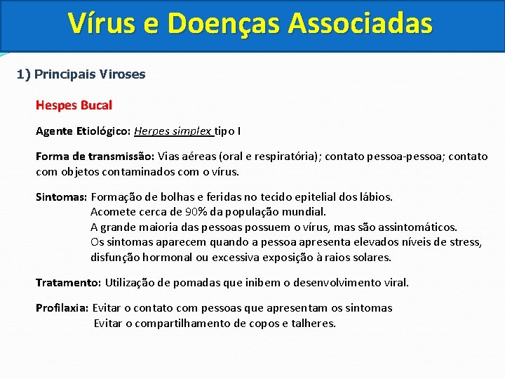 Vírus e Doenças Associadas 1) Principais Viroses Hespes Bucal Agente Etiológico: Herpes simplex tipo