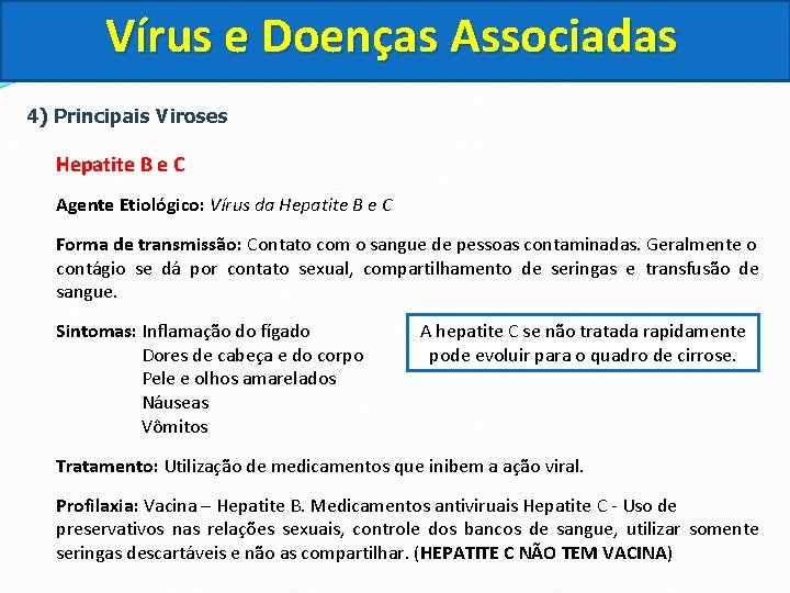 Vírus e Doenças Associadas 4) Principais Viroses Hepatite B e C Agente Etiológico: Vírus