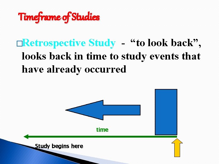 Timeframe of Studies �Retrospective Study - “to look back”, looks back in time to