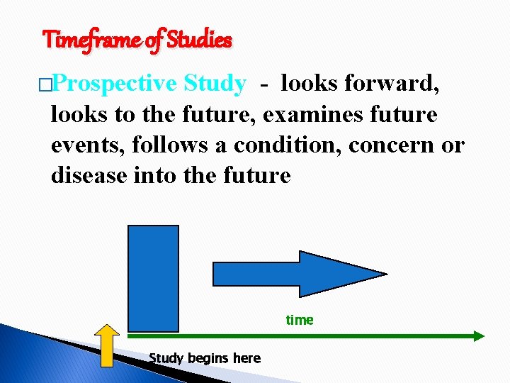 Timeframe of Studies �Prospective Study - looks forward, looks to the future, examines future