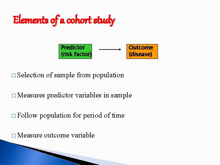 Elements of a cohort study Predictor (risk factor) Outcome (disease) � Selection of sample