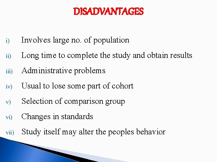 DISADVANTAGES i) Involves large no. of population ii) Long time to complete the study