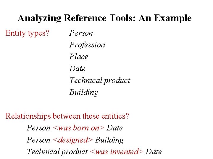 Analyzing Reference Tools: An Example Entity types? Person Profession Place Date Technical product Building