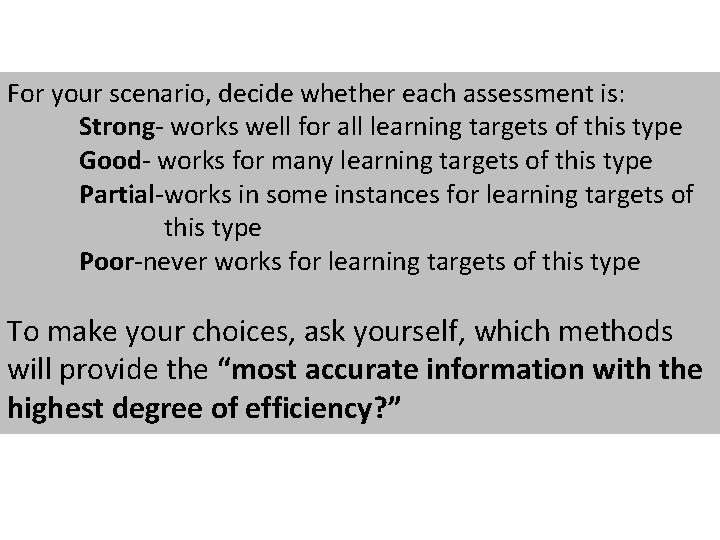 For your scenario, decide whether each assessment is: Strong- works well for all learning