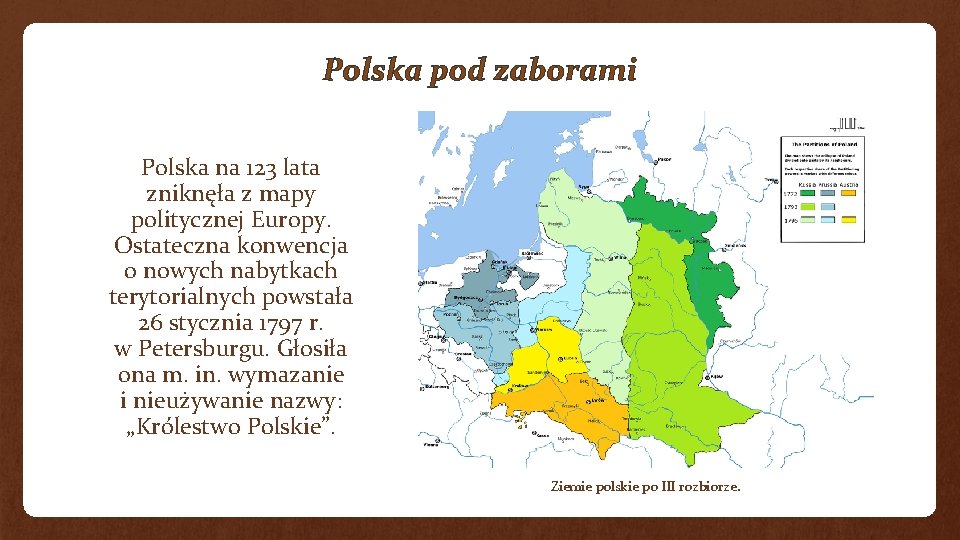 Polska pod zaborami Polska na 123 lata zniknęła z mapy politycznej Europy. Ostateczna konwencja