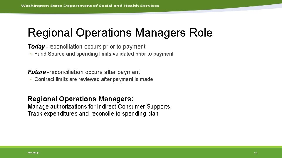 Regional Operations Managers Role Today -reconciliation occurs prior to payment ◦ Fund Source and