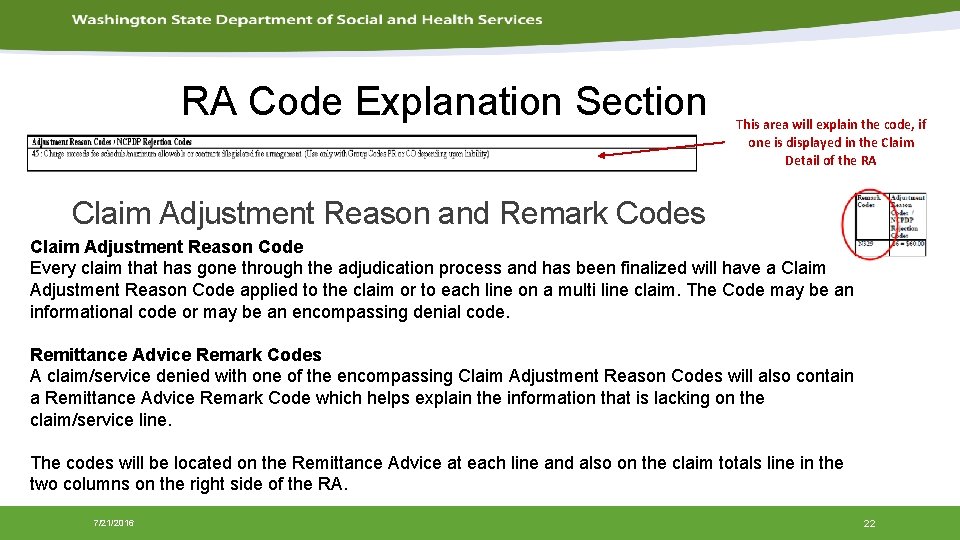 RA Code Explanation Section This area will explain the code, if one is displayed