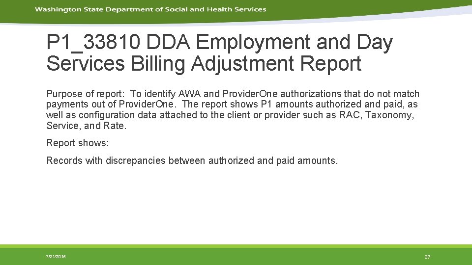 P 1_33810 DDA Employment and Day Services Billing Adjustment Report Purpose of report: To