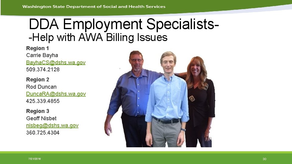 DDA Employment Specialists-Help with AWA Billing Issues Region 1 Carrie Bayha. CS@dshs. wa. gov