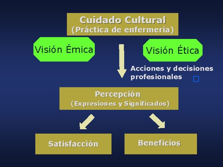 Cuidado Cultural (Práctica de enfermería) Visión Émica Visión Ética Acciones y decisiones profesionales Percepción