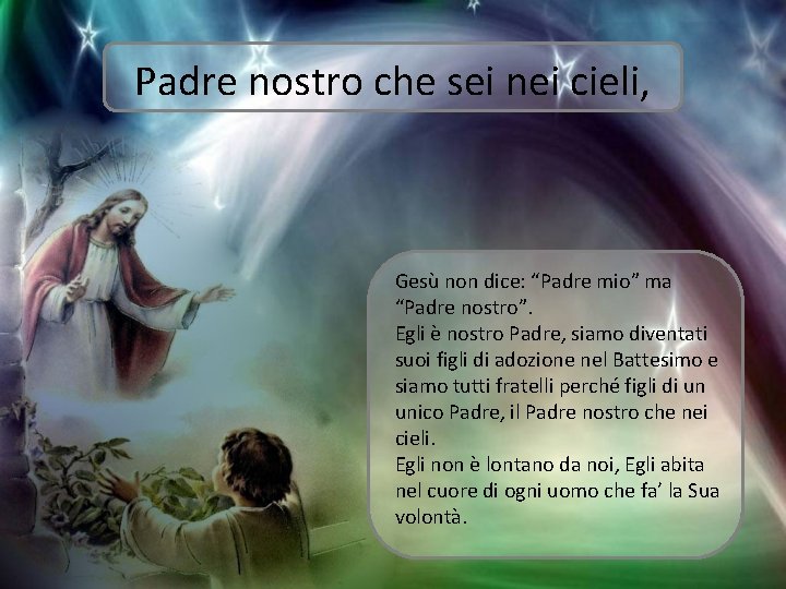 Padre nostro che sei nei cieli, Gesù non dice: “Padre mio” ma “Padre nostro”.