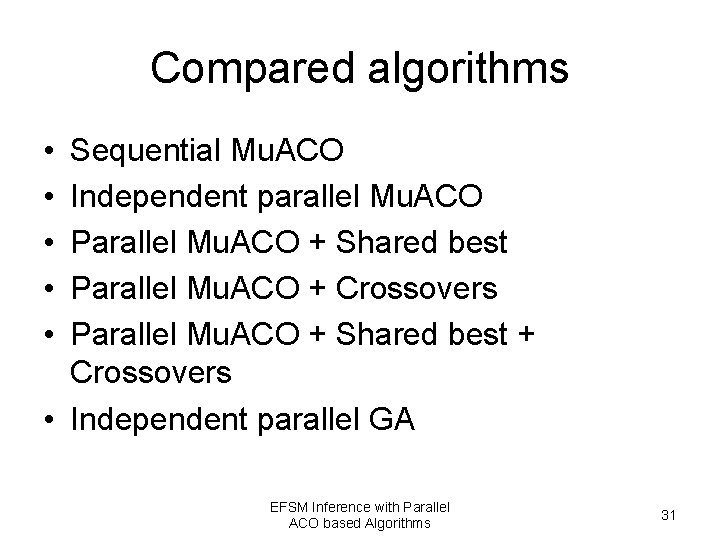Compared algorithms • • • Sequential Mu. ACO Independent parallel Mu. ACO Parallel Mu.