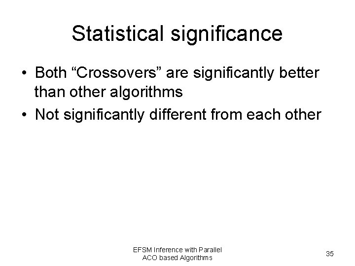Statistical significance • Both “Crossovers” are significantly better than other algorithms • Not significantly