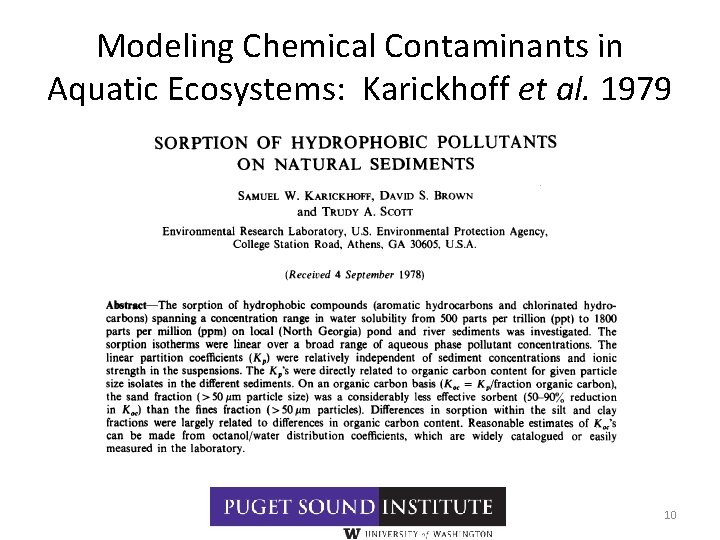 Modeling Chemical Contaminants in Aquatic Ecosystems: Karickhoff et al. 1979 10 