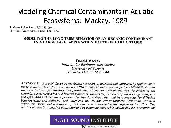 Modeling Chemical Contaminants in Aquatic Ecosystems: Mackay, 1989 13 