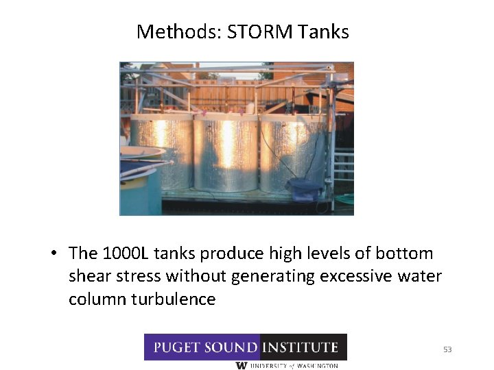 Methods: STORM Tanks • The 1000 L tanks produce high levels of bottom shear