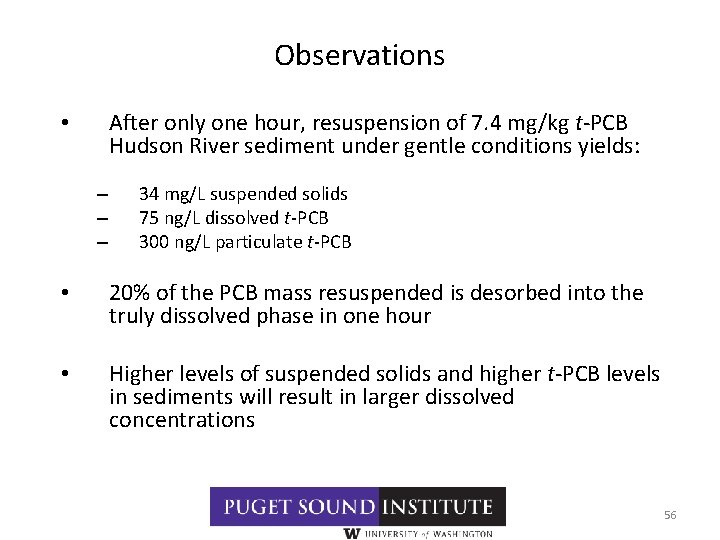 Observations After only one hour, resuspension of 7. 4 mg/kg t-PCB Hudson River sediment