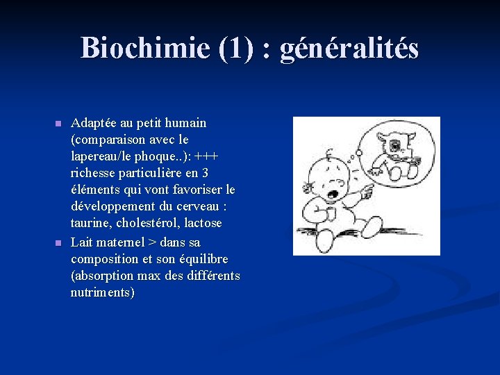 Biochimie (1) : généralités n n Adaptée au petit humain (comparaison avec le lapereau/le