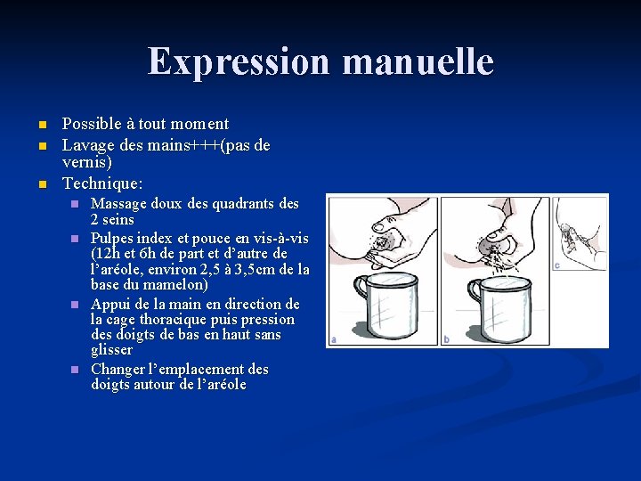 Expression manuelle n n n Possible à tout moment Lavage des mains+++(pas de vernis)