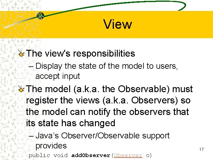 View The view's responsibilities – Display the state of the model to users, accept