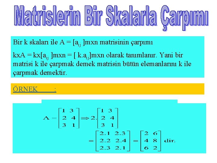 Bir k skaları ile A = [aij ]mxn matrisinin çarpımı kx. A = kx[aij