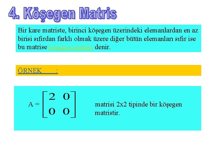Bir kare matriste, birinci köşegen üzerindeki elemanlardan en az birisi sıfırdan farklı olmak üzere