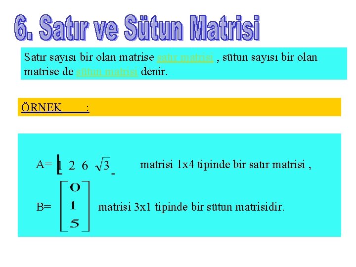 Satır sayısı bir olan matrise satır matrisi , sütun sayısı bir olan matrise de