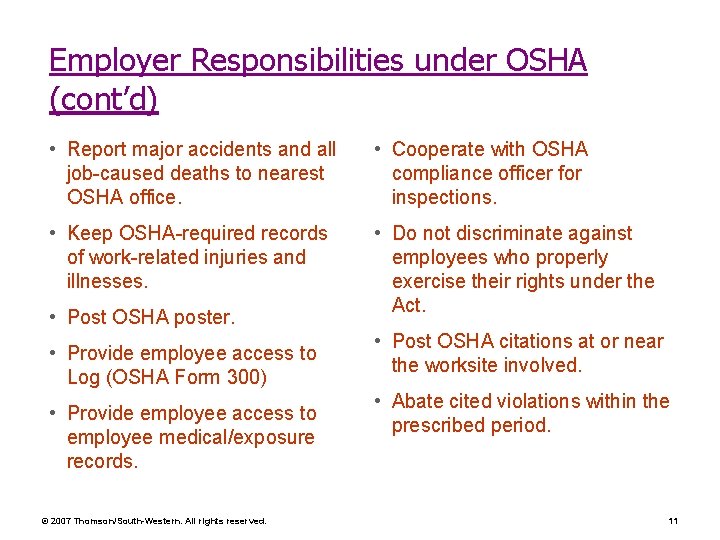 Employer Responsibilities under OSHA (cont’d) • Report major accidents and all job-caused deaths to