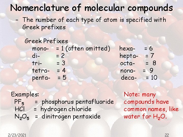 Nomenclature of molecular compounds – The number of each type of atom is specified