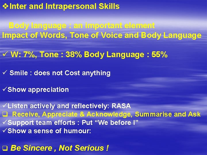 v. Inter and Intrapersonal Skills Body language : an important element Impact of Words,