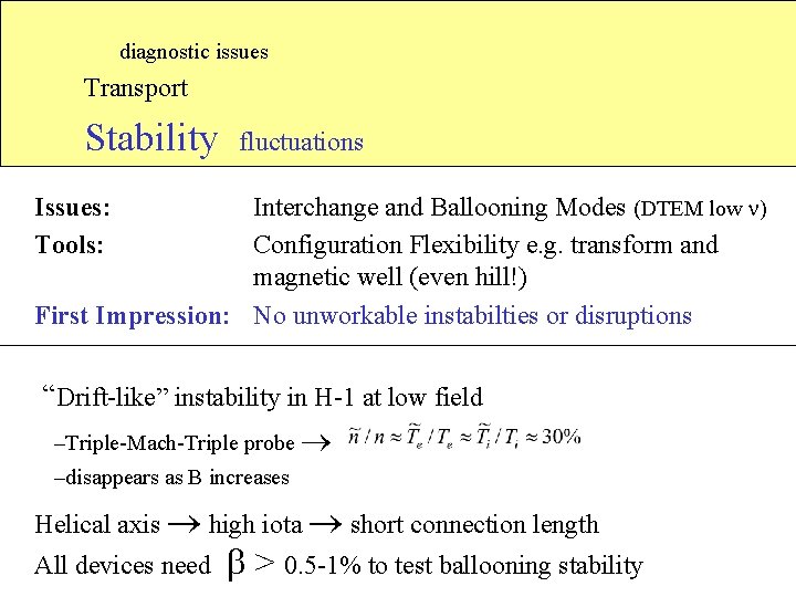 diagnostic issues Transport Stability fluctuations Issues: Tools: Interchange and Ballooning Modes (DTEM low ) diagnostic issues Transport Stability fluctuations Issues: Tools: Interchange and Ballooning Modes (DTEM low )