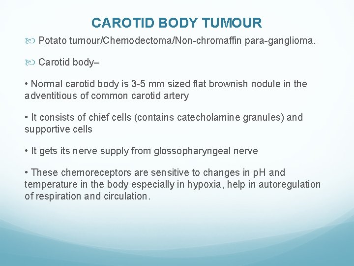 CAROTID BODY TUMOUR Potato tumour/Chemodectoma/Non-chromaffin para-ganglioma. Carotid body– • Normal carotid body is 3