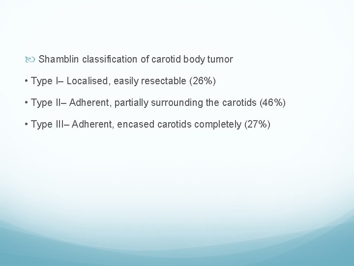  Shamblin classification of carotid body tumor • Type I– Localised, easily resectable (26%)