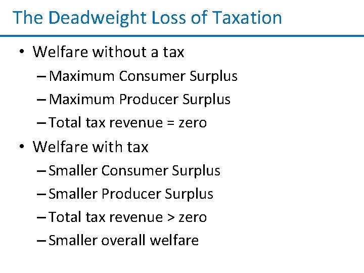 The Deadweight Loss of Taxation • Welfare without a tax – Maximum Consumer Surplus