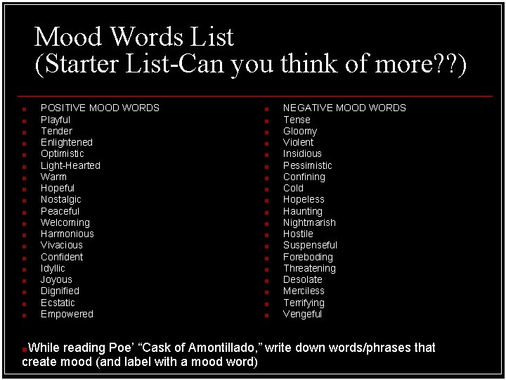 Mood Words List (Starter List-Can you think of more? ? ) ■ ■ ■