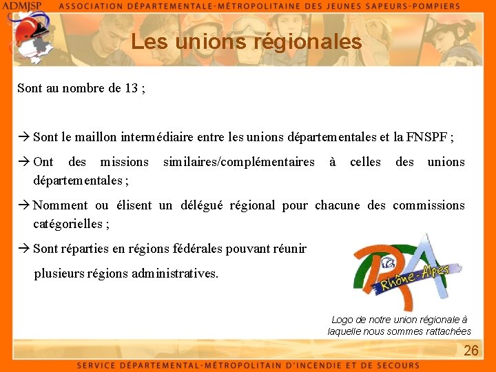 Les unions régionales Sont au nombre de 13 ; Sont le maillon intermédiaire entre