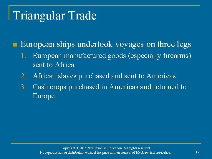 Triangular Trade n European ships undertook voyages on three legs 1. European manufactured goods