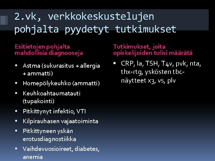 2. vk, verkkokeskustelujen pohjalta pyydetyt tutkimukset Esitietojen pohjalta mahdollisia diagnooseja Tutkimukset, joita opiskelijoiden tulisi