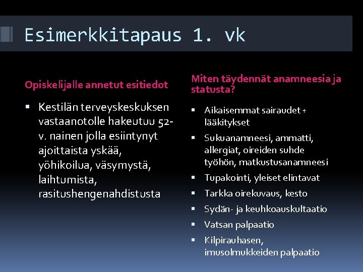 Esimerkkitapaus 1. vk Opiskelijalle annetut esitiedot Kestilän terveyskeskuksen vastaanotolle hakeutuu 52 v. nainen jolla Esimerkkitapaus 1. vk Opiskelijalle annetut esitiedot Kestilän terveyskeskuksen vastaanotolle hakeutuu 52 v. nainen jolla