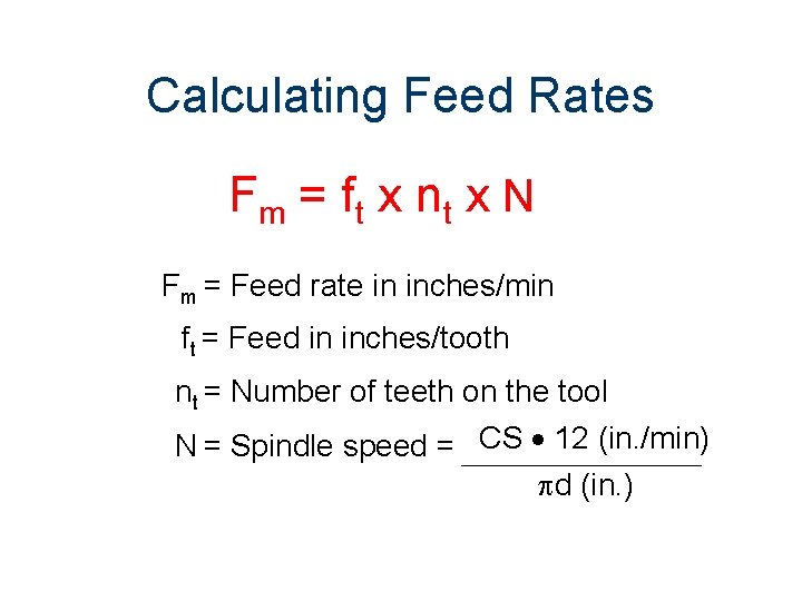 Calculating Feed Rates Fm = f t x n t x N Fm =