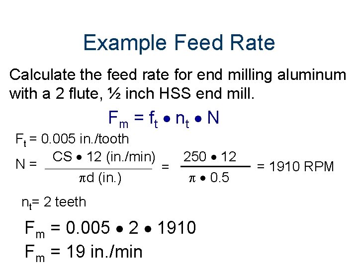 Example Feed Rate Calculate the feed rate for end milling aluminum with a 2