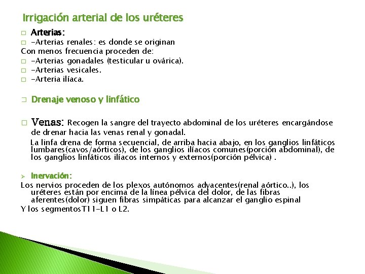 Irrigación arterial de los uréteres � Arterias: -Arterias renales: es donde se originan Con