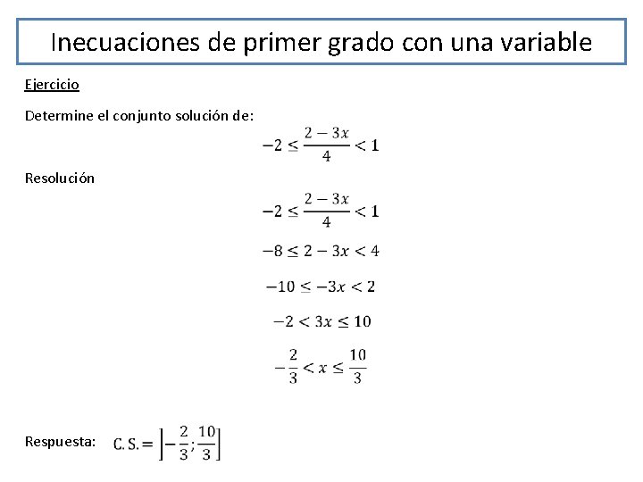 Inecuaciones de primer grado con una variable Ejercicio Determine el conjunto solución de: Resolución
