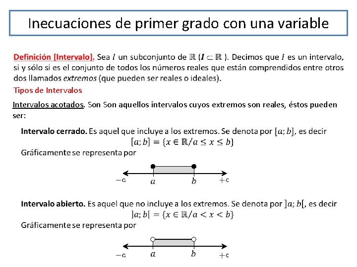 Inecuaciones de primer grado con una variable Tipos de Intervalos acotados. Son aquellos intervalos