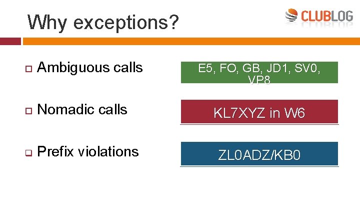 Why exceptions? Ambiguous calls Nomadic calls q Prefix violations E 5, FO, GB, JD