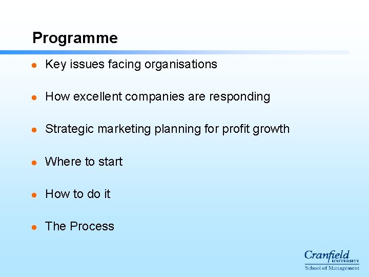 Programme l Key issues facing organisations l How excellent companies are responding l Strategic Programme l Key issues facing organisations l How excellent companies are responding l Strategic