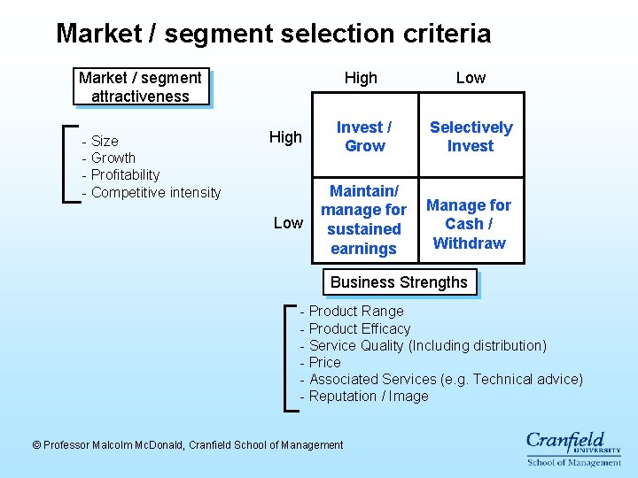 Market / segment selection criteria Market / segment attractiveness - Size - Growth - Market / segment selection criteria Market / segment attractiveness - Size - Growth -