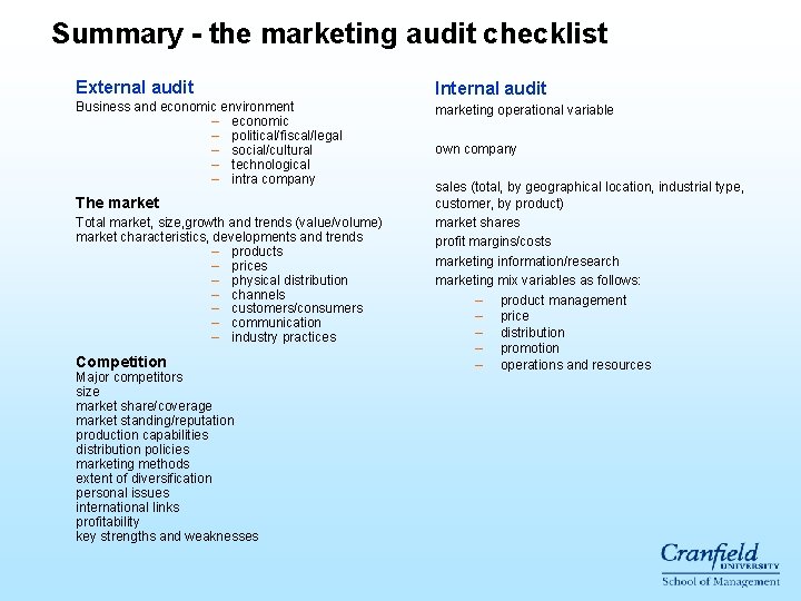 Summary - the marketing audit checklist External audit Internal audit Business and economic environment Summary - the marketing audit checklist External audit Internal audit Business and economic environment