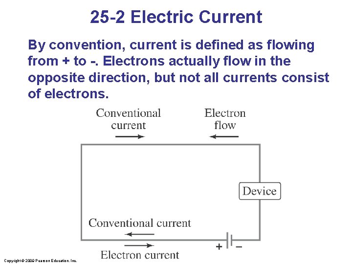 25 -2 Electric Current By convention, current is defined as flowing from + to
