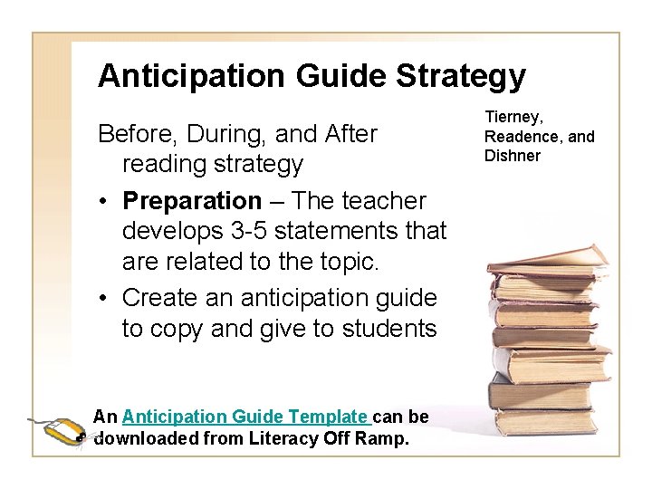 Anticipation Guide Strategy Before, During, and After reading strategy • Preparation – The teacher